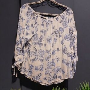 Unique Spectrum Blue White Floral Tie Sleeves Womans size XL Coquette